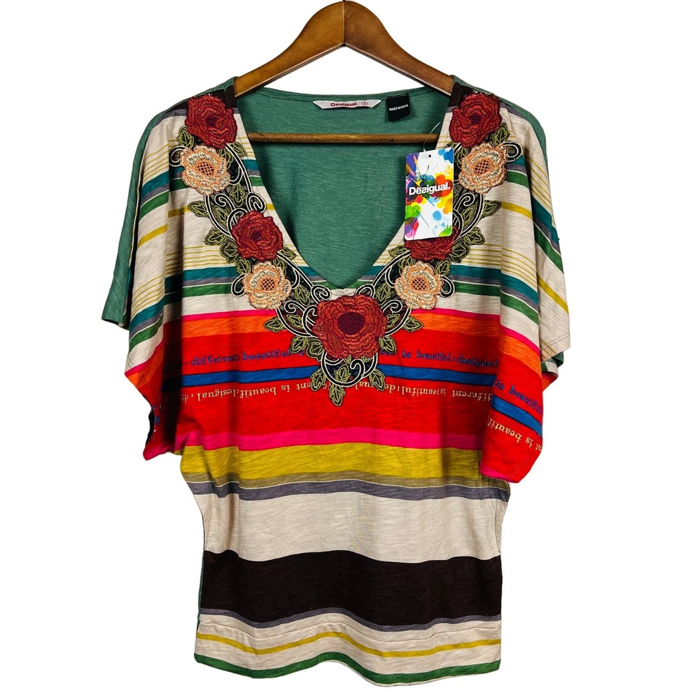 NWOT - Desigual Striped Batwing Blouse Embroidered Floral Neckline - S